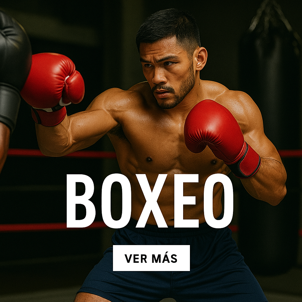 Hombre boxeador profesional entrenando con guantes rojos en gimnasio de box.