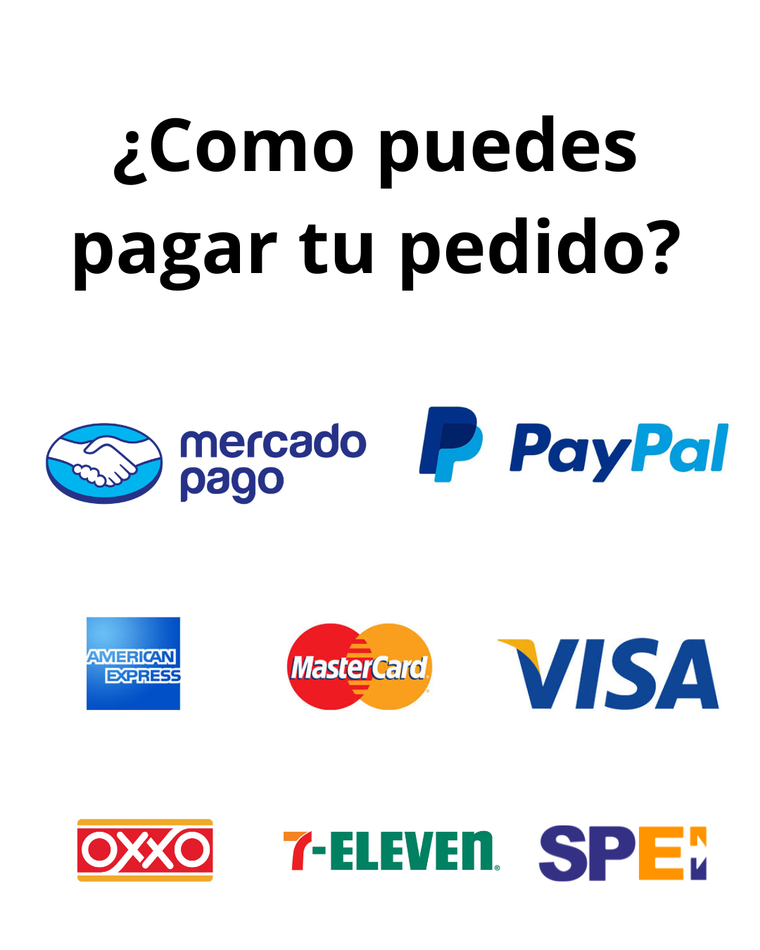 Métodos de pago aceptados: Mercado Pago, PayPal, American Express, Mastercard, Visa, OXXO, 7-Eleven y SPEI