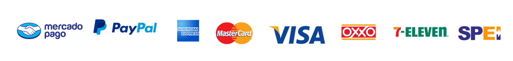 Métodos de pago aceptados: Mercado Pago, PayPal, American Express, Mastercard, Visa, OXXO, 7-Eleven y SPEI